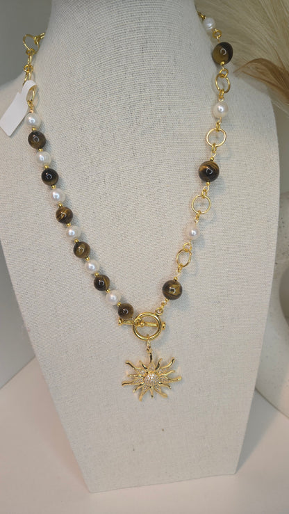 Tiger Eye Sun Necklace with tiger eye stones, pearls and gold-tone sun charm