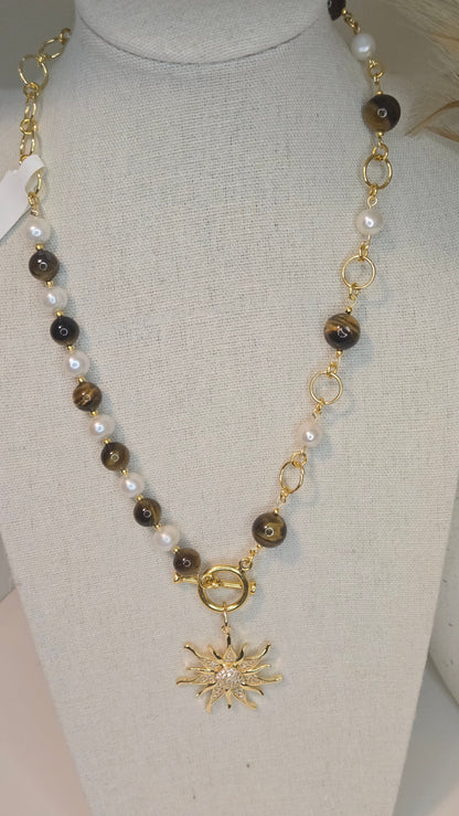 Tiger Eye Sun Necklace with tiger eye stones, pearls and gold-tone sun charm, view 3