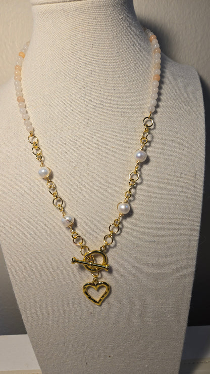 Pearl & Opal Heart Pendant Necklace with white and gray beads and gold-tone chain