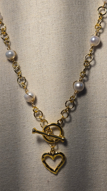 Pearl & Opal Heart Pendant Necklace with white and gray beads and gold-tone chain, view 2
