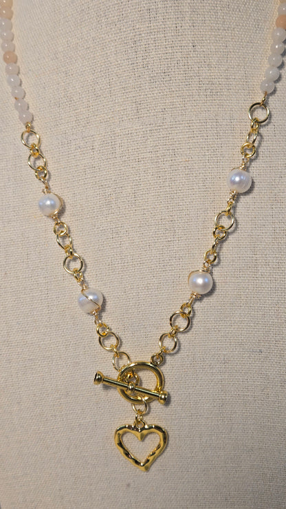 Pearl & Opal Heart Pendant Necklace with white and gray beads and gold-tone chain, view 3