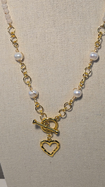 Pearl & Opal Heart Pendant Necklace with white and gray beads and gold-tone chain, view 4