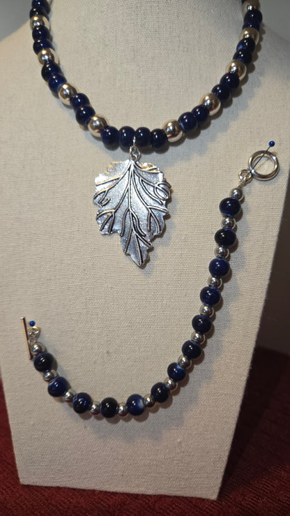 Midnight Leaf Necklace & Bracelet Set with deep blue beads and silver-tone leaves, view 4