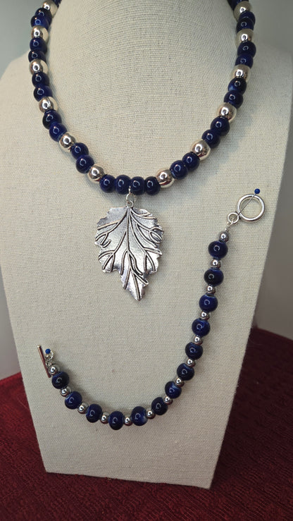 Midnight Leaf Necklace & Bracelet Set with deep blue beads and silver-tone leaves, view 5