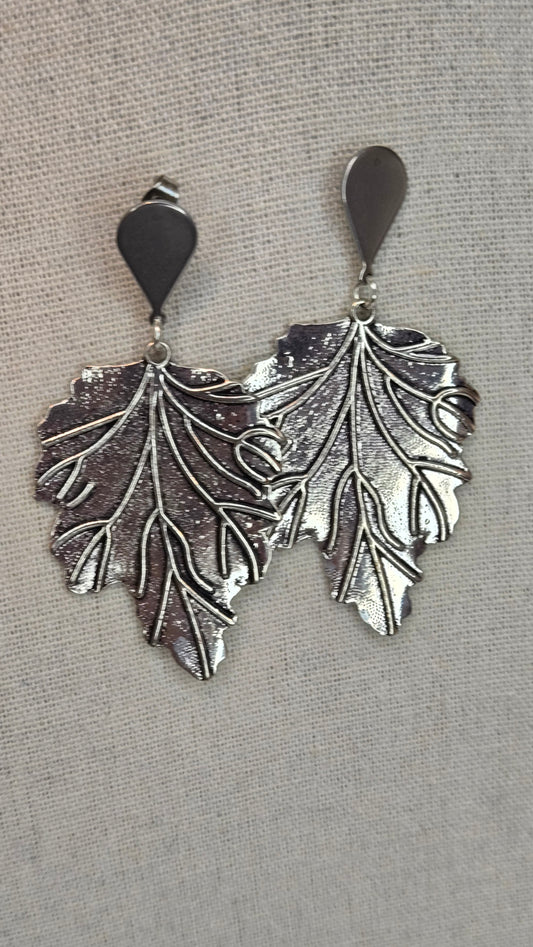 Silver Leaf Earrings, silver-tone leaf drops with teardrop studs, view 2
