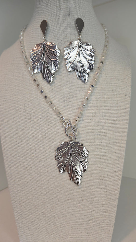 Nature Leaves Silver-Tone Jewelry with leaf-shaped necklace and earring designs, view 2