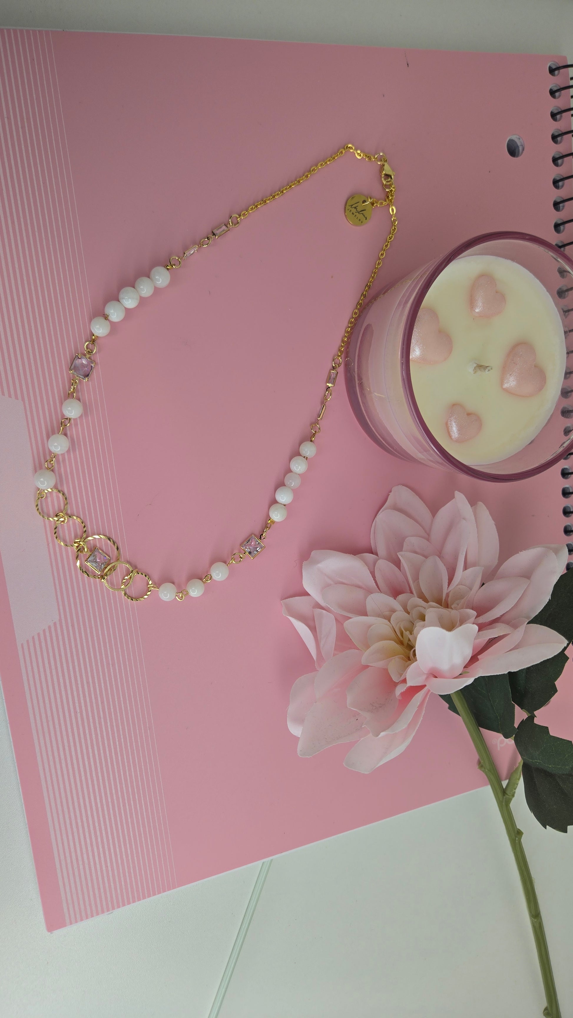 Model wearing the Dream Pearl Necklace with a casual elegant outfit