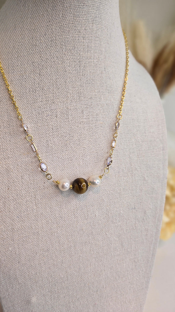 Tiger Eye & Pearl Elegance Necklace with tiger eye stone and white pearls