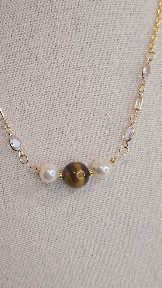 Tiger Eye & Pearl Elegance Necklace with tiger eye stone and white pearls, view 2