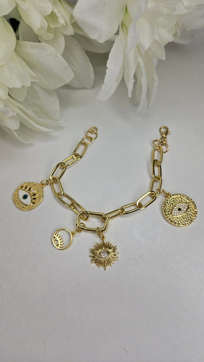 Golden Evil Eye Charm Bracelet with evil eye and star charms, view 4