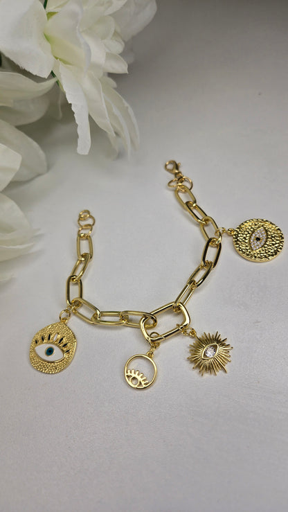 Golden Evil Eye Charm Bracelet with evil eye and star charms, view 5