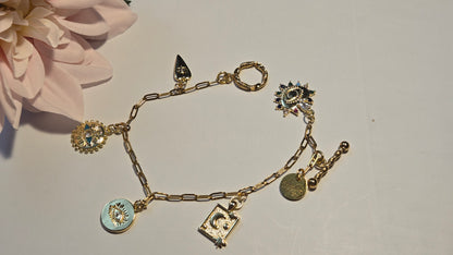 Gold Charm Bracelet with eye and moon charms, view 7