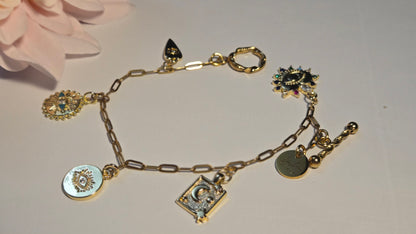 Gold Charm Bracelet with eye and moon charms, view 5