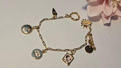 Gold Charm Bracelet with eye and moon charms, view 2