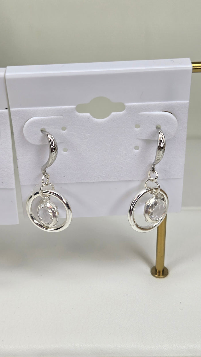 Silver-Tone Crystal Hoop Drop Earrings with linked circles and clear accents