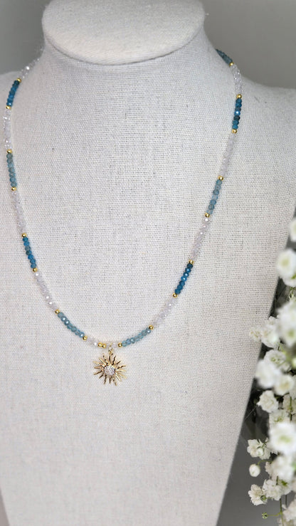 Sunlight Breeze Necklace with blue apatite stones and a cubic zirconia sun pendant, view 11