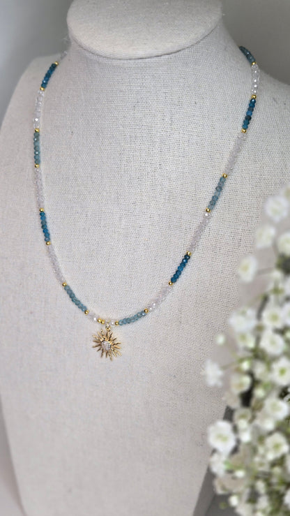 Sunlight Breeze Necklace with blue apatite stones and a cubic zirconia sun pendant, view 9