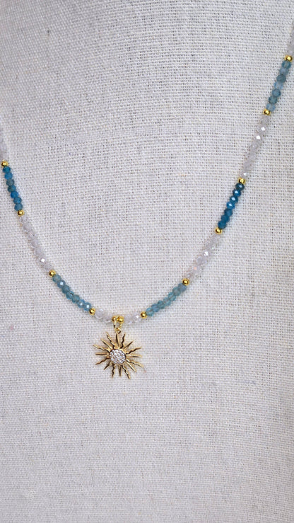Sunlight Breeze Necklace with blue apatite stones and a cubic zirconia sun pendant, view 7