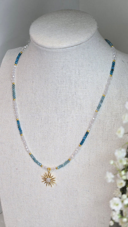 Sunlight Breeze Necklace with blue apatite stones and a cubic zirconia sun pendant, view 6