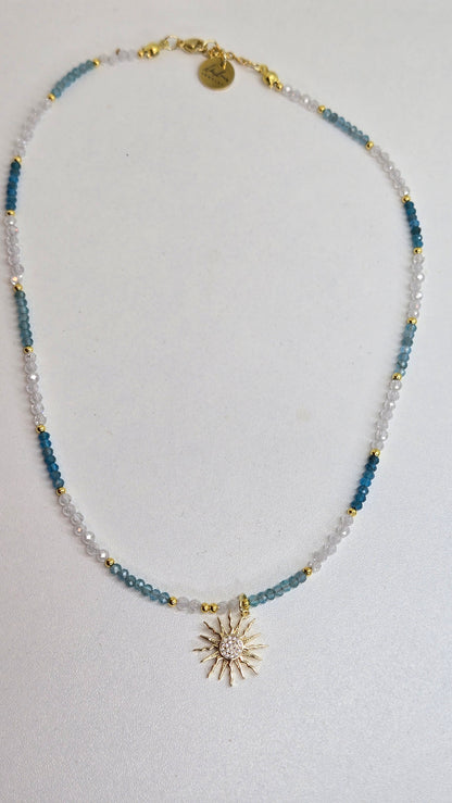 Sunlight Breeze Necklace with blue apatite stones and a cubic zirconia sun pendant, view 4