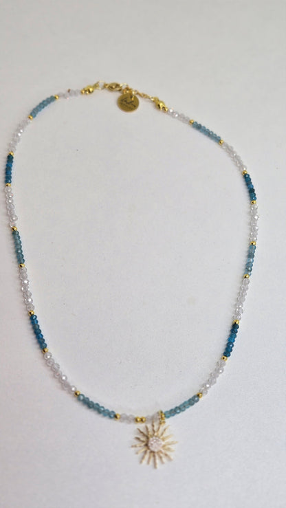 Sunlight Breeze Necklace with blue apatite stones and a cubic zirconia sun pendant, view 2