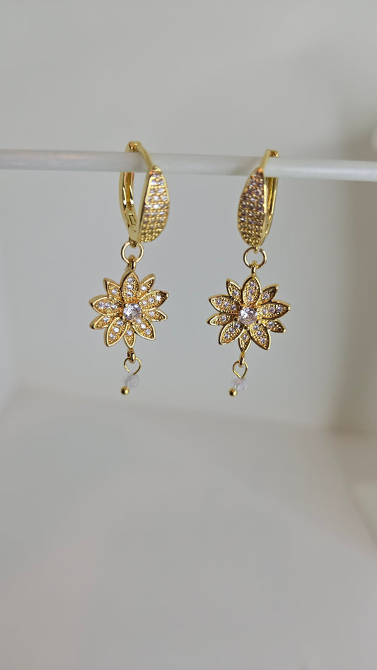 Golden Bloom Earrings with flower-inspired dangling design and sparkling details, view 2