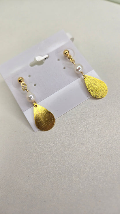 Golden Rain Earrings with brushed gold-tone teardrops and pearls, view 4