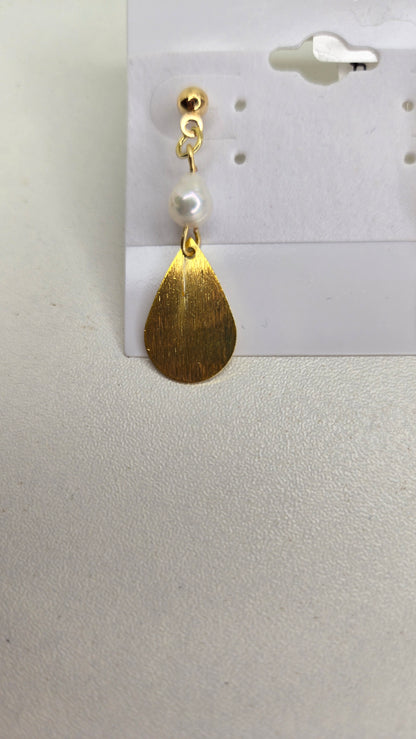 Golden Rain Earrings with brushed gold-tone teardrops and pearls, view 2