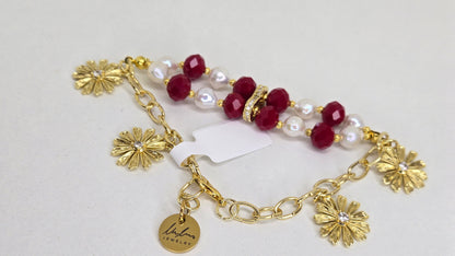 Scarlet Pearl Bracelet with ruby-colored crystal beads, pearls and flower accents, view 3