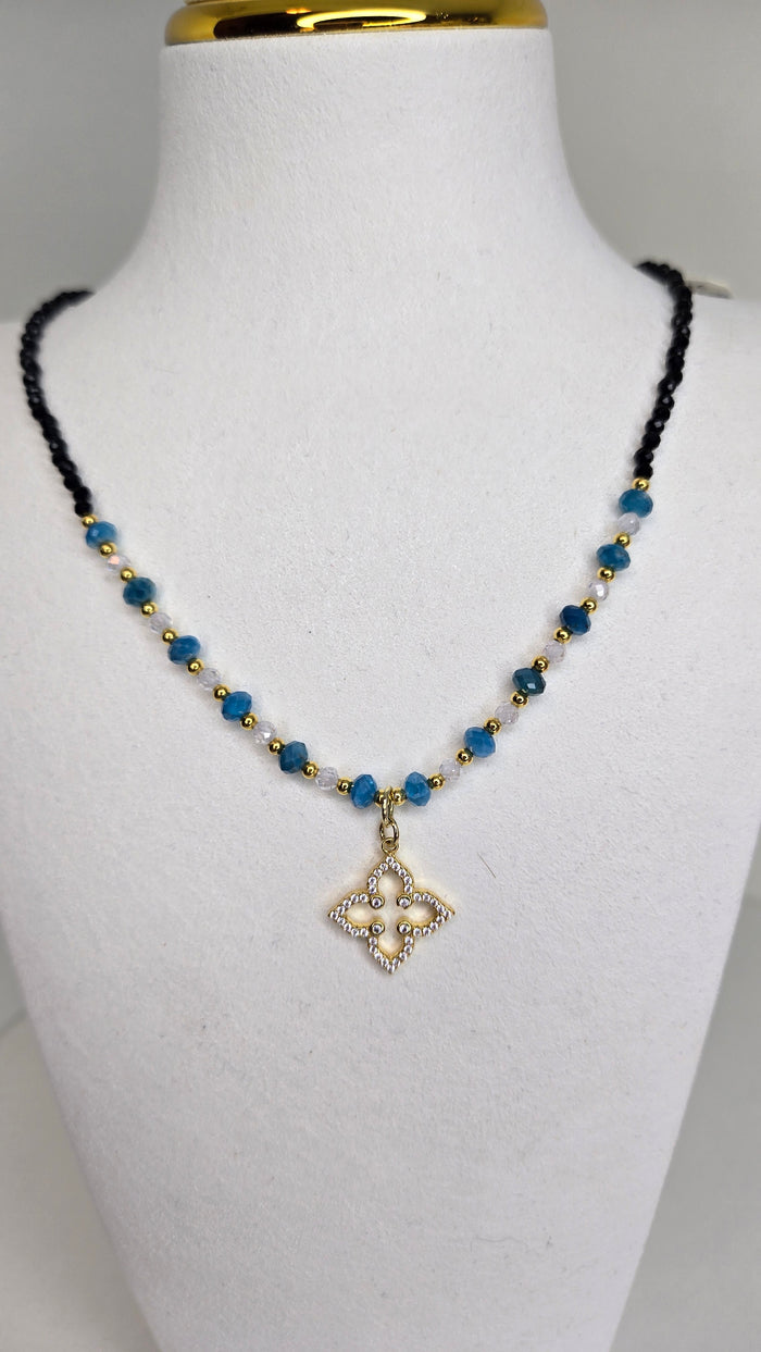 Azure Bloom Necklace with blue apatite stones, zircon accents and a zircon-studded pendant