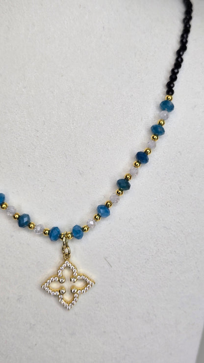 Azure Bloom Necklace with blue apatite stones, zircon accents and a zircon-studded pendant, view 3