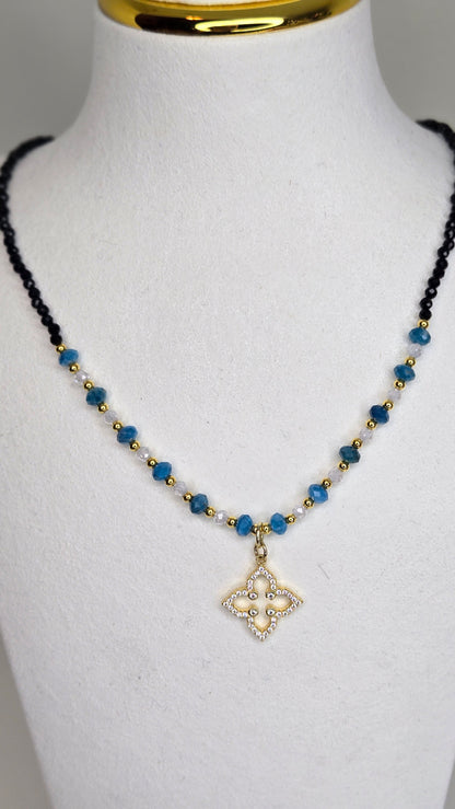 Azure Bloom Necklace with blue apatite stones, zircon accents and a zircon-studded pendant, view 2