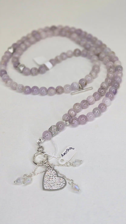 Lavender Amethyst Heart Tasbih with amethyst beads, silver-tone details and a heart charm, view 3