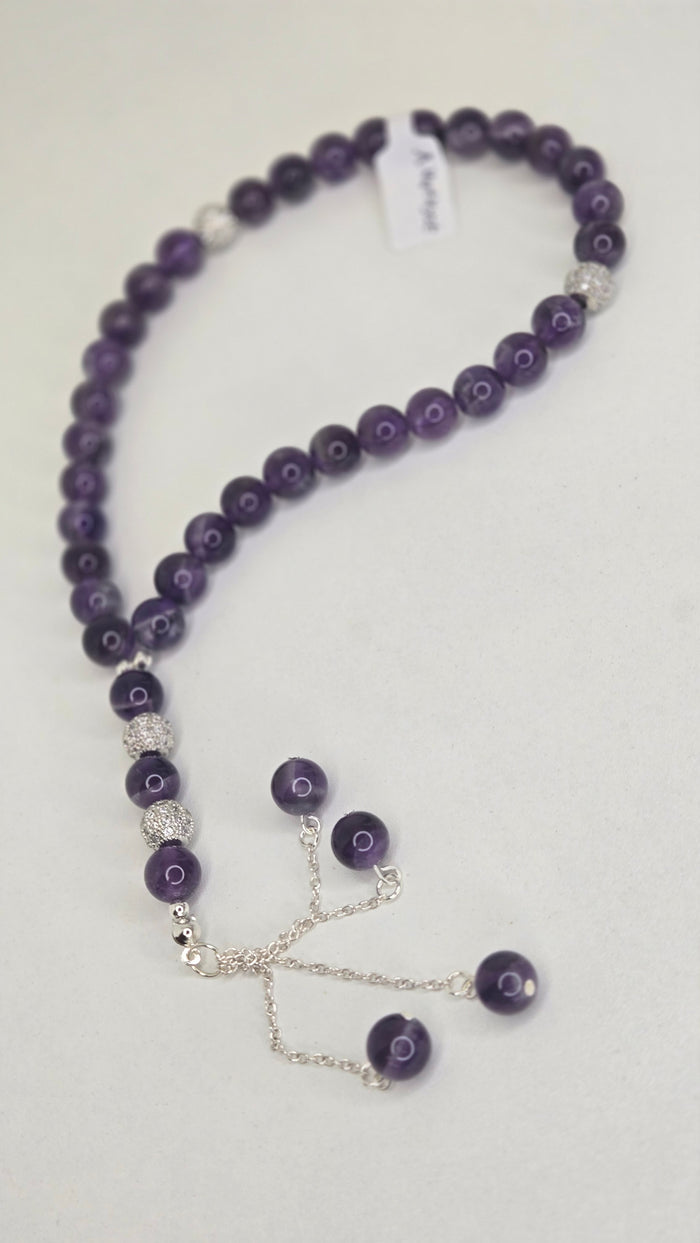 Royal Amethyst Tasbih with deep purple amethyst stones and silver pavé accents
