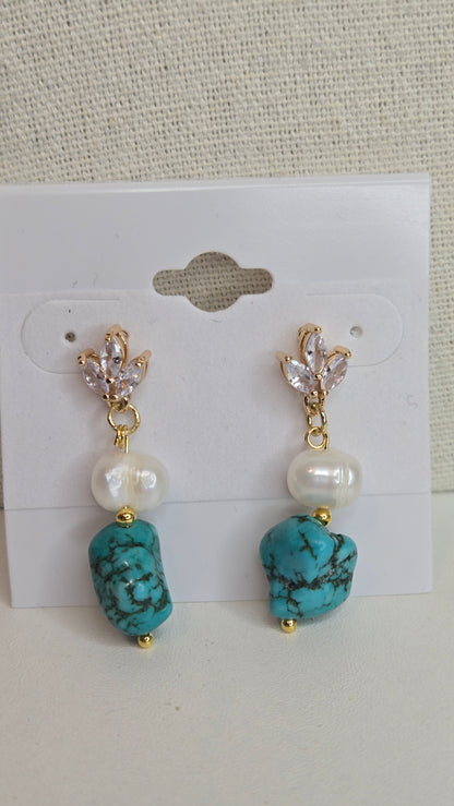 Ocean Treasure Earrings with turquoise stones, freshwater pearls and zircon accents, view 5