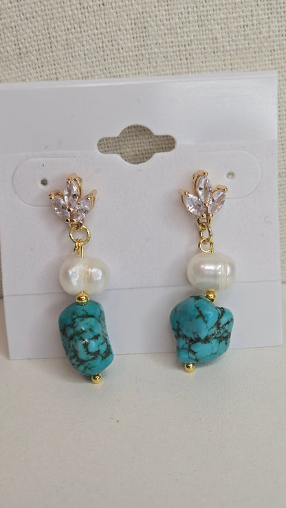 Ocean Treasure Earrings with turquoise stones, freshwater pearls and zircon accents, view 4
