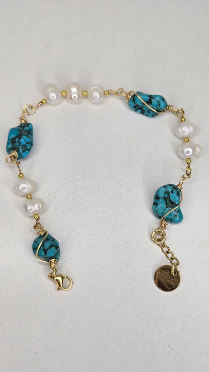 Ocean Pearl Bracelet with turquoise stones, freshwater pearls and gold-tone accents, view 4