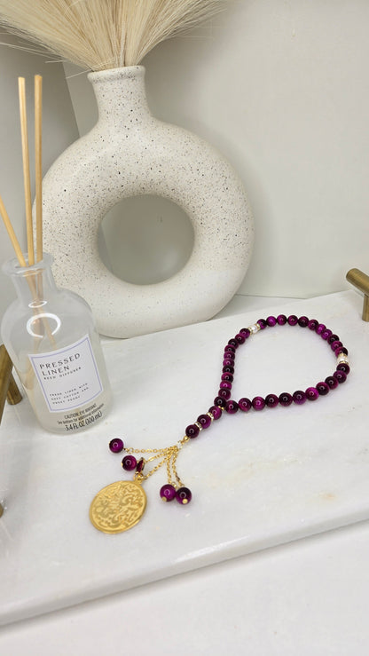 Gemstone Tasbih Collection, four bead tasbihs with Arabic calligraphy medallions, view 12