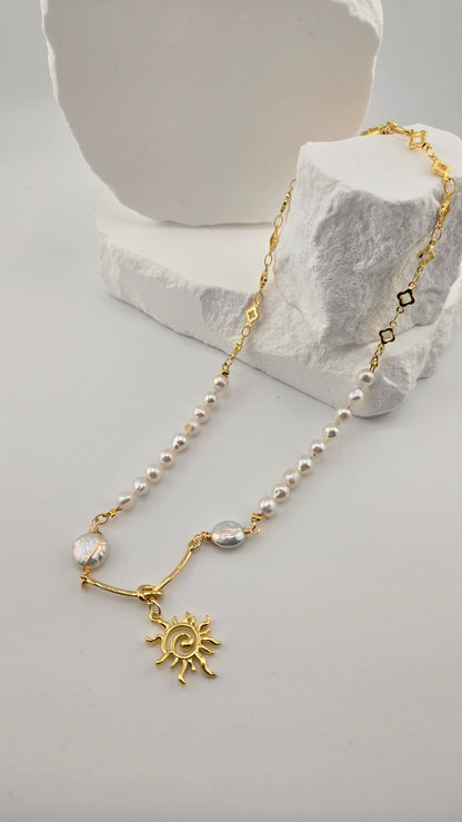 Pearl Radiance Necklace with irregular pearl beads, gold-tone chain and sun pendant, view 3