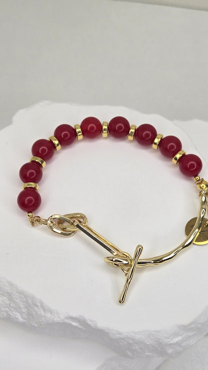 Crimson Glow Bracelet with red jade, gold-tone spacers and a toggle clasp, view 7