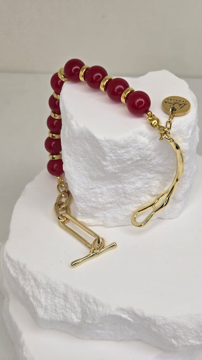 Crimson Glow Bracelet with red jade, gold-tone spacers and a toggle clasp, view 6