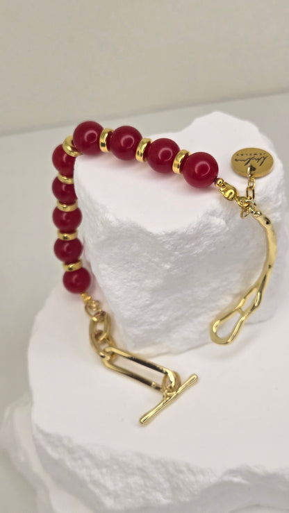Crimson Glow Bracelet with red jade, gold-tone spacers and a toggle clasp, view 5