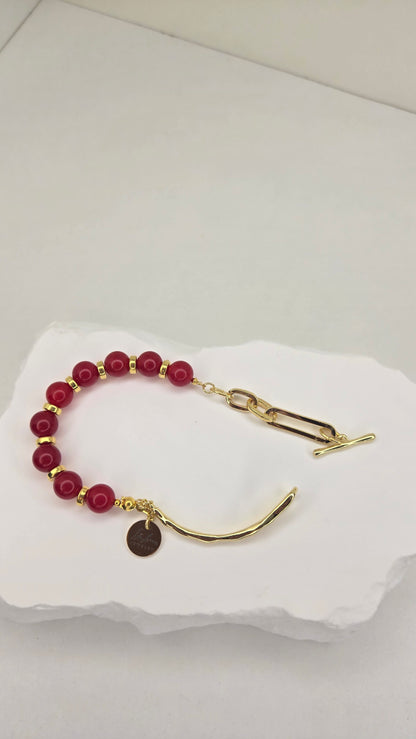 Crimson Glow Bracelet with red jade, gold-tone spacers and a toggle clasp, view 3
