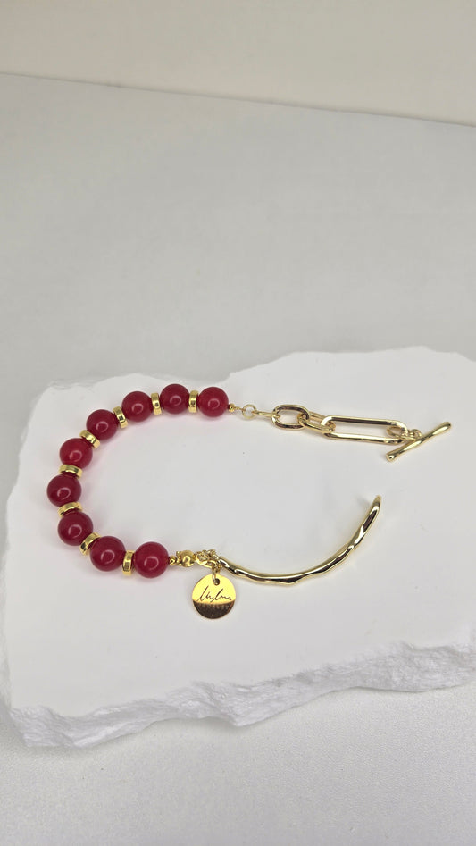 Crimson Glow Bracelet with red jade, gold-tone spacers and a toggle clasp, view 2