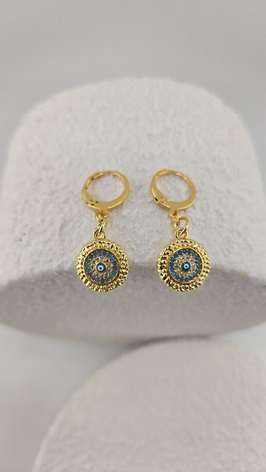 Royal Eye Earrings with round evil-eye design in turquoise-blue and clear stones, gold-tone frame, view 2
