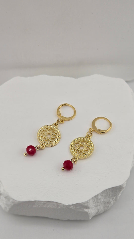 Golden Rosa Red Bead Drop Earrings with ornate gold-tone motifs and dangling red beads, view 2