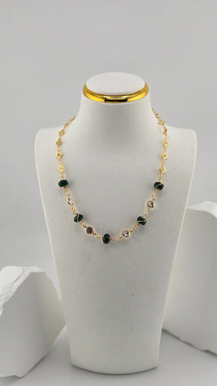 Jade Glow Necklace with dark green jade beads wrapped in gold-tone wire and clear stones