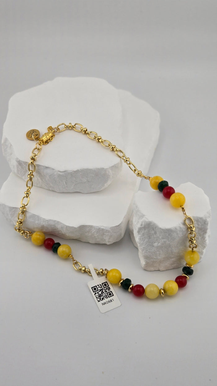 Harmony of Colors Necklace with yellow, green and red jade and gold-tone accents