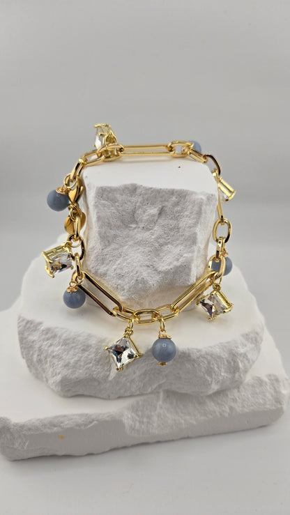 Heaven Blue Bracelet with sky-blue angelite beads, zircon accents and gold-plated details, view 5
