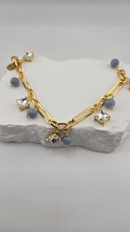 Heaven Blue Bracelet with sky-blue angelite beads, zircon accents and gold-plated details, view 4